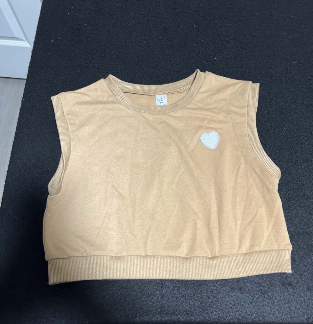 Shein Girls Brown Sweater Sleeveless Heart Emblem Crop Top Sz 9
